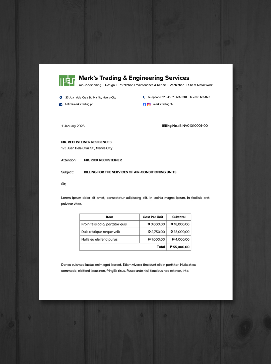 Letterhead design for Mark's Trading.